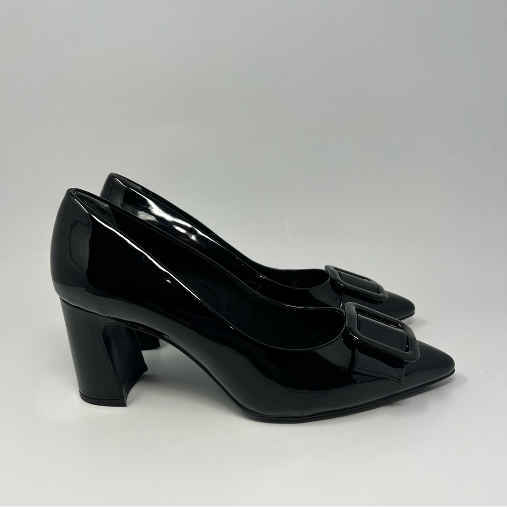 Anne Klein Black Patent Block Heel Pumps with Buckle - Picture 3 of 7